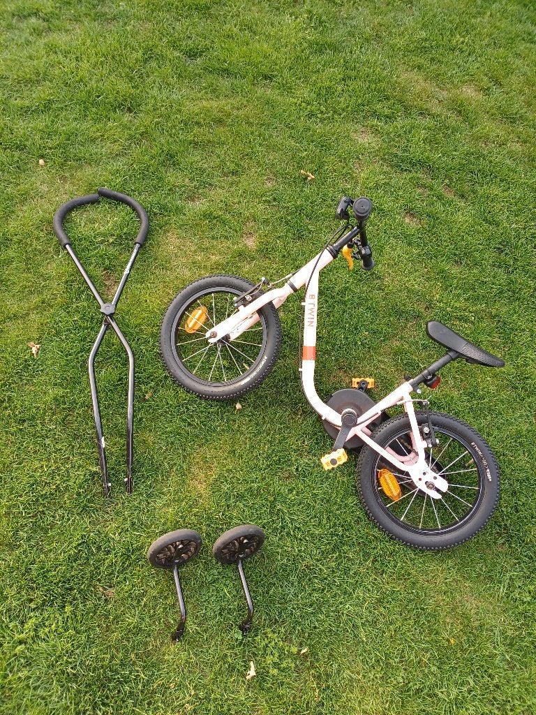 Fiets Btwin 14 inch met zijwieltjes en balanstrainer, Ophalen, Zijwieltjes, Btwin Decathlon, Minder dan 16 inch