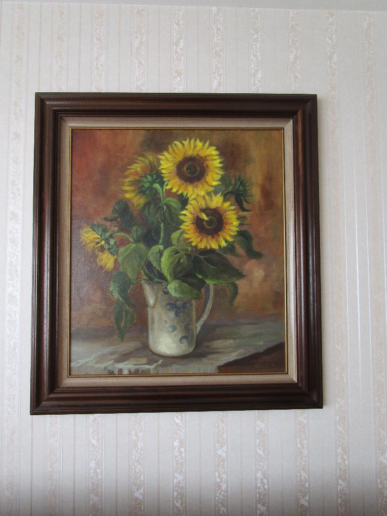 Groot olieverfdoek "ZONNEBLOEMEN" in massief houten kader, Antiek en Kunst, Ophalen