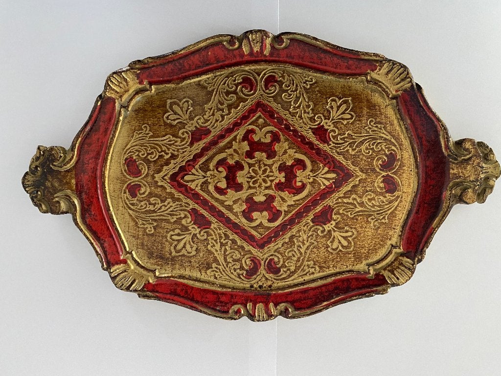 Vintage Florentine dienblad rood/goud Italië 36cm, Ophalen, Gebruikt, Dienblad, Rechthoekig