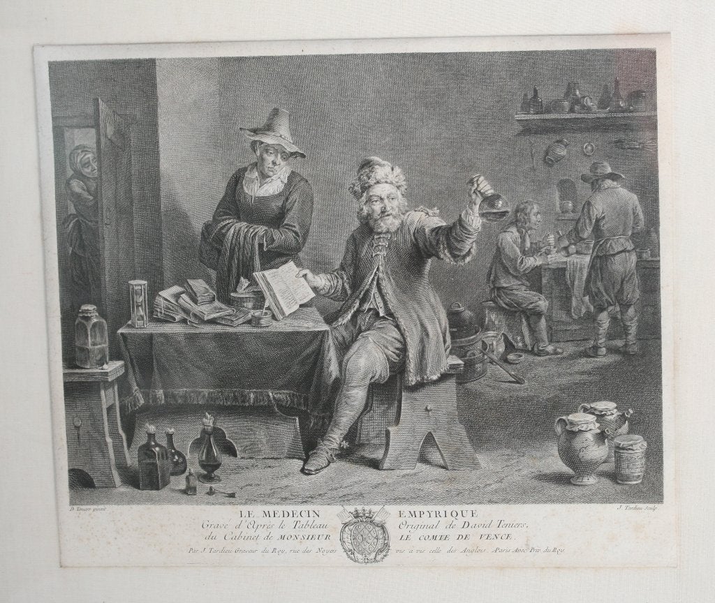 Antieke gravure Le Medecin Empyrique 18de eeuw, Antiek en Kunst, Ophalen of Verzenden, Gravure