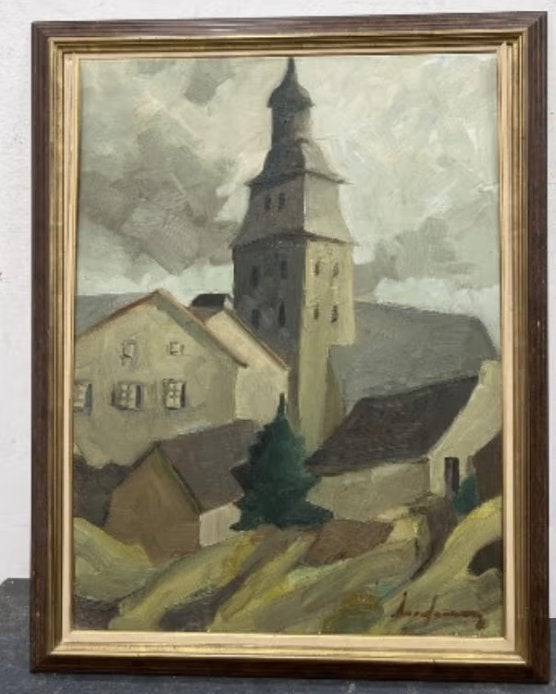 huile sur toile village ardenais signe milo dardenne, Antiquités & Art, Enlèvement, Toile