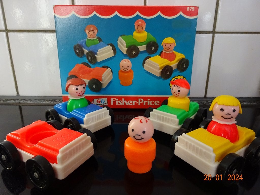 fisher price, set 4 autootjes met 4 popjes*VOLLEDIG*VINTAGE*, Kinderen en Baby's, Speelgoed | Fisher-Price, Ophalen of Verzenden
