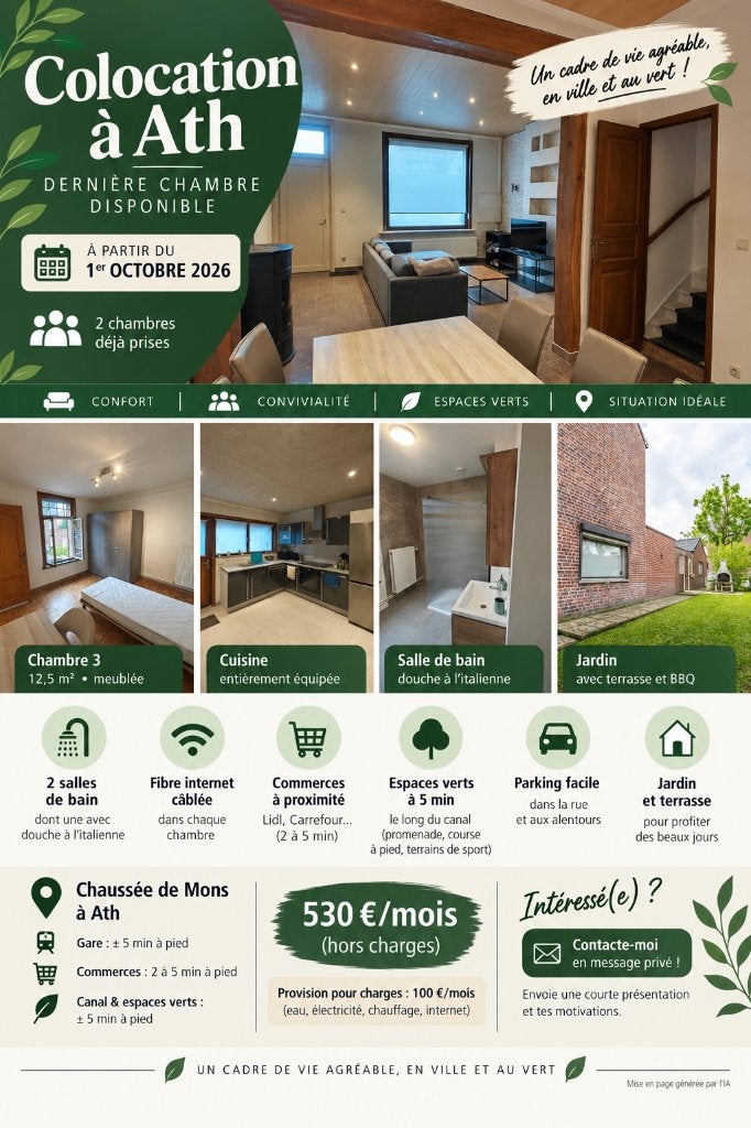 Colocation 3 chambres à Ath, Immo, Ath, En direct du propriétaire, 40102 kWh/an, Province de Hainaut
