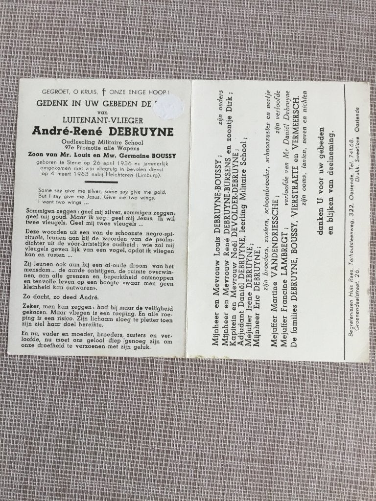 Soldaat piloot A.Debruyne gesneuveld 1963 Helchteren, Verzamelen, Bidprentjes en Rouwkaarten, Verzenden, Bidprentje