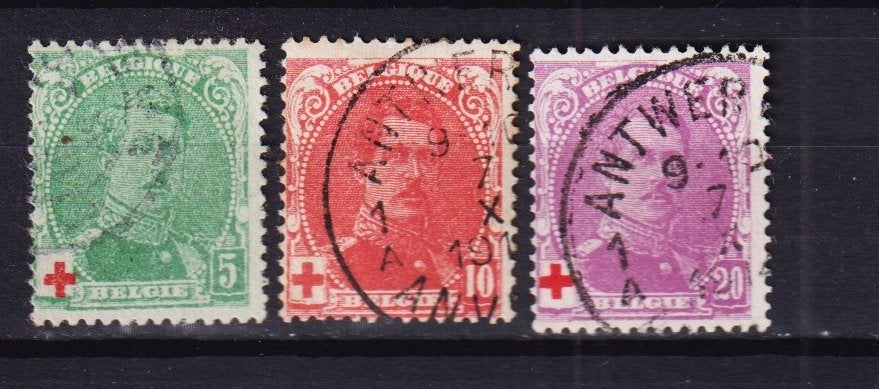 België 1914 OBP 129/131 Rode kruis gestempeld, Verzenden, Gestempeld, Rode kruis, Gestempeld