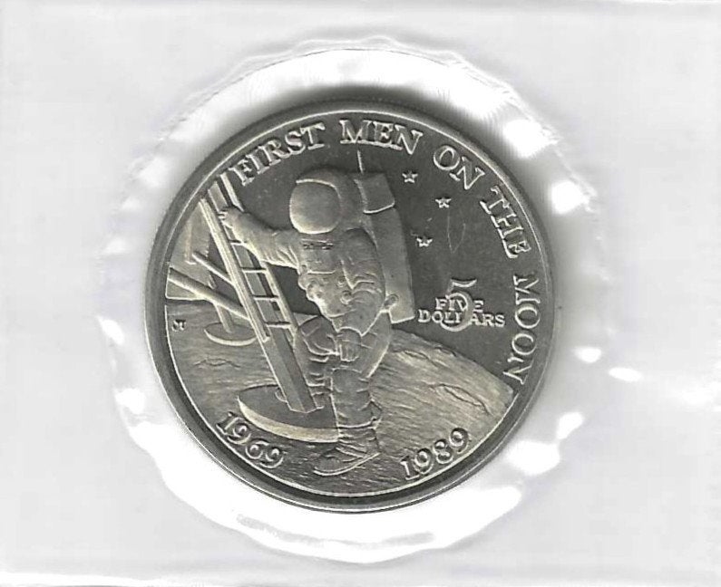 Marshall Islands, 5 Dollars 1989, First men on moon., Timbres & Monnaies, Enlèvement ou Envoi, Monnaie en vrac