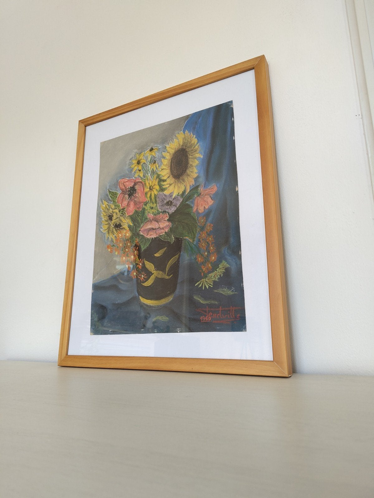 🎨 Tableau Fleurs – Signé Lendeville (1960), Signé, Enlèvement, Technique mixte, Réaliste