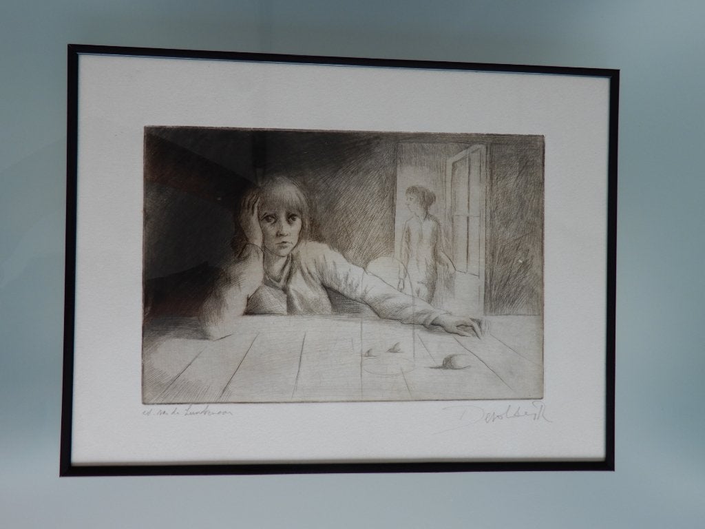Ets Roland Devolder 'Vrouw aan tafel, Antiek en Kunst, Ophalen, Ets, Ingelijst