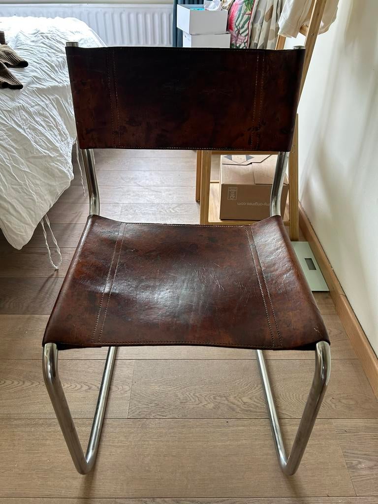 Lot de 6 chaises vintage métal & cuir – style Bauhaus, Maison & Meubles, Chaises, Comme neuf, Cuir, Enlèvement ou Envoi