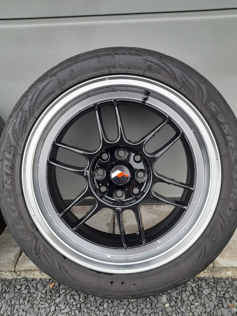 Velgen JR7 7x16 4x100 met Semi-slick 205/45 r16, Ophalen, Gebruikt, 16 inch, Banden en Velgen