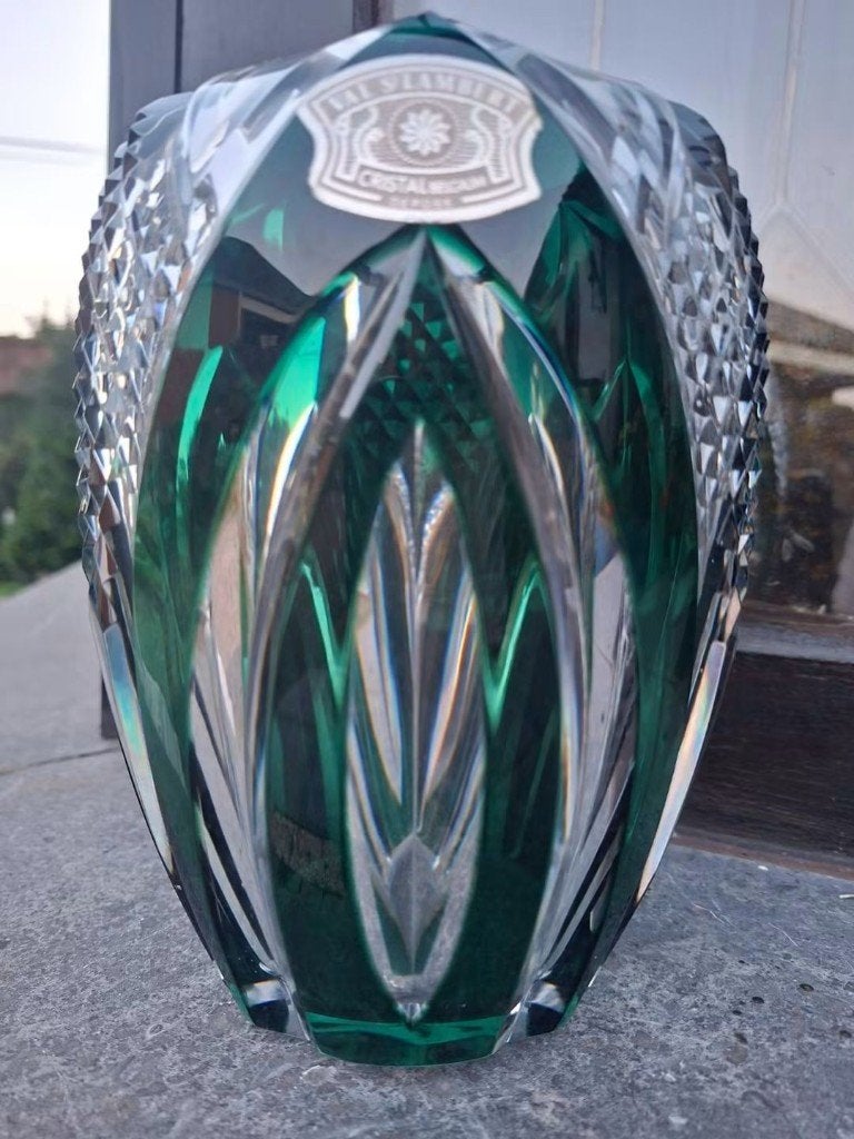 Val saint lambert vaas groen kristal art deco zgst, Ophalen