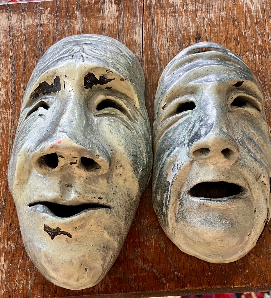 Set 2x Keramiek Maskers B. Mizhlis Cyprus Patina, Huis en Inrichting, Wandsculptuur, Gebruikt, 17 cm, Ophalen of Verzenden