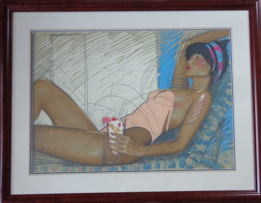 NICO VRIELINK / ZONNEBAADSTER / KLEURLITHO / 98x125cm KADER, Gesigneerd, Ophalen