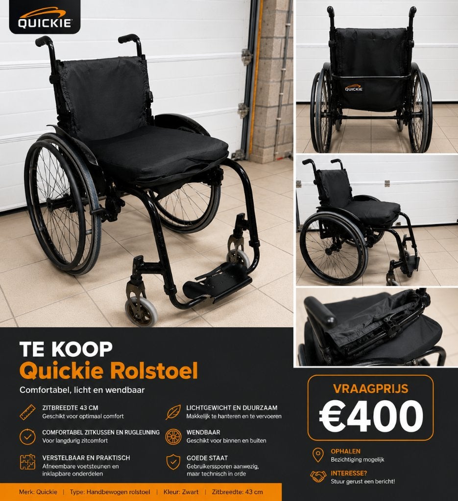Quickie rolstoel – zitbreedte 43 cm – goede staat, Ophalen, Inklapbaar, Gebruikt, Handbewogen rolstoel