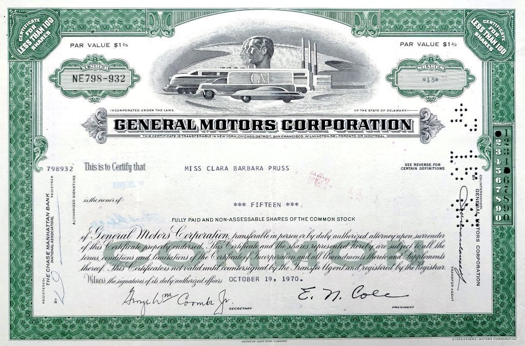 GENERAL MOTORS 1970, Postzegels en Munten, Ophalen of Verzenden, 1950 tot 1970, Certificaat van aandeel