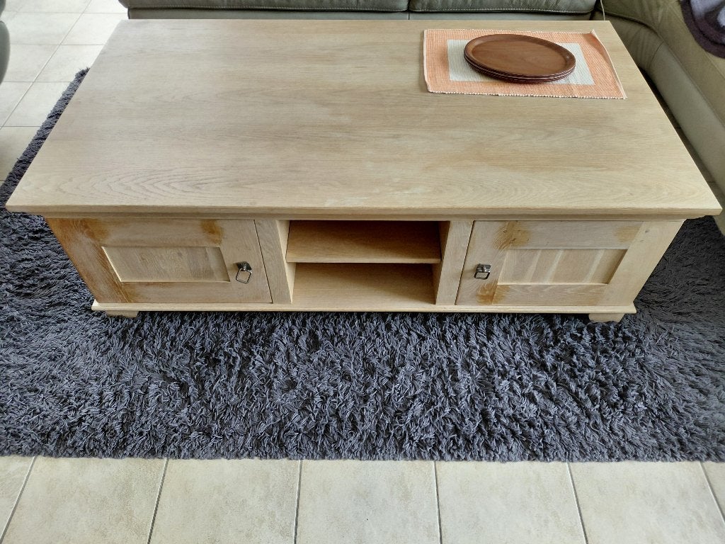 Landelijke eiken salontafel 80x145 cm met veel opbergruimte, Huis en Inrichting, Ophalen, 100 tot 150 cm, Eikenhout, 50 tot 100 cm