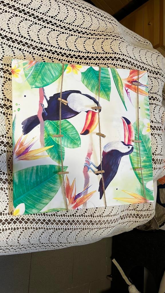 Canvas pelikaan met touwtjes en knijpers, Ophalen