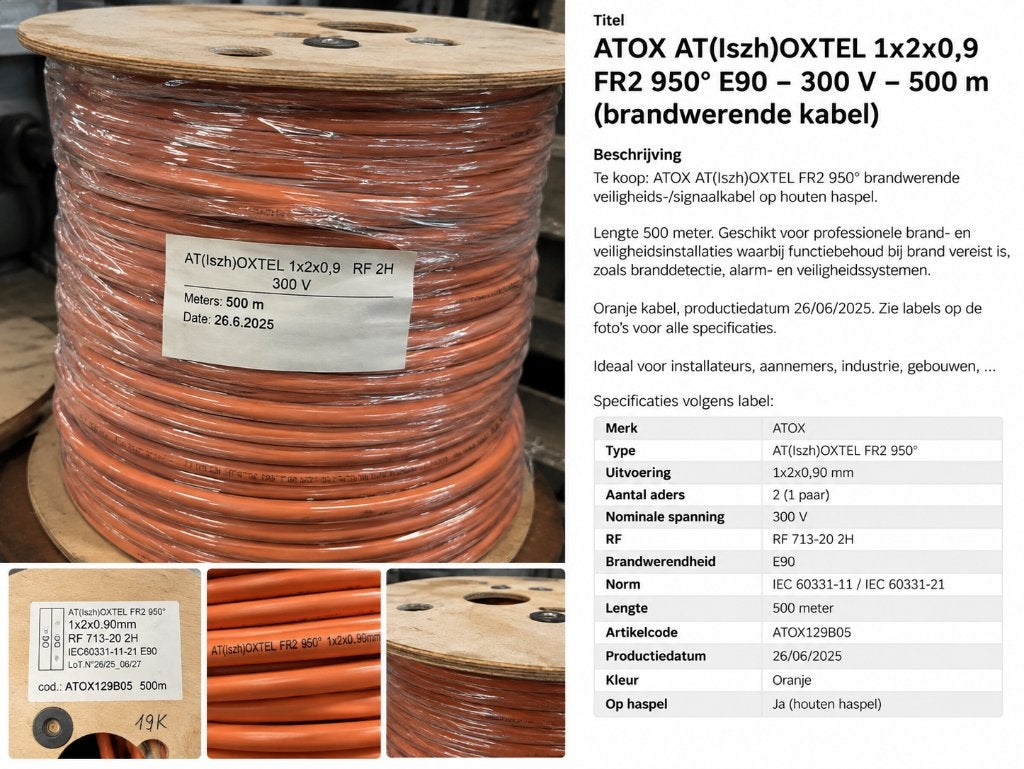 500m ATOX brandwerende kabel 1x2x0,9 E90 RF 2H – 300V, TV, Hi-fi & Vidéo, Enlèvement, Neuf, 10 mètres ou plus, Autres câbles