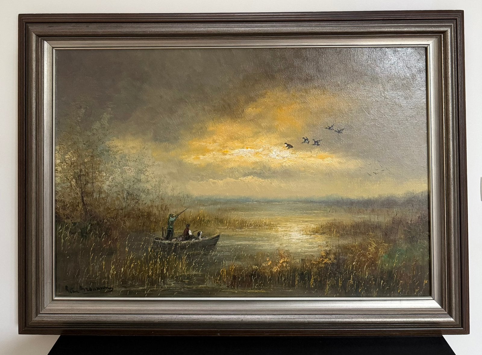 Peter Brouwer - Eendenjacht - certificaat - 100x140, Ophalen of Verzenden, Gesigneerd, Olieverf, Doek