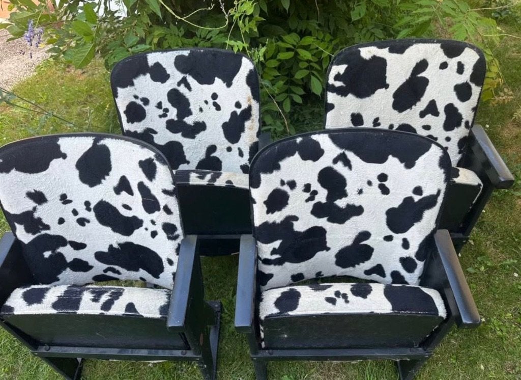 set van 4 cinemastoelen met koeienhuidlook, Antiek en Kunst, Antiek | Meubels | Stoelen en Sofa's, Ophalen