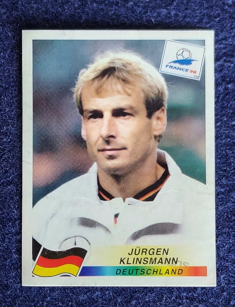 Panini sticker card voetbal ' WK France 1998 - J. Klinsmann, Ophalen of Verzenden, Nieuw, Poster, Plaatje of Sticker