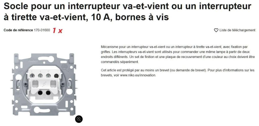 NIKO 170- 01600/02605/01505/00000/01705/01205/05005/01100, Bricolage & Construction, Enlèvement, Neuf, Interrupteur