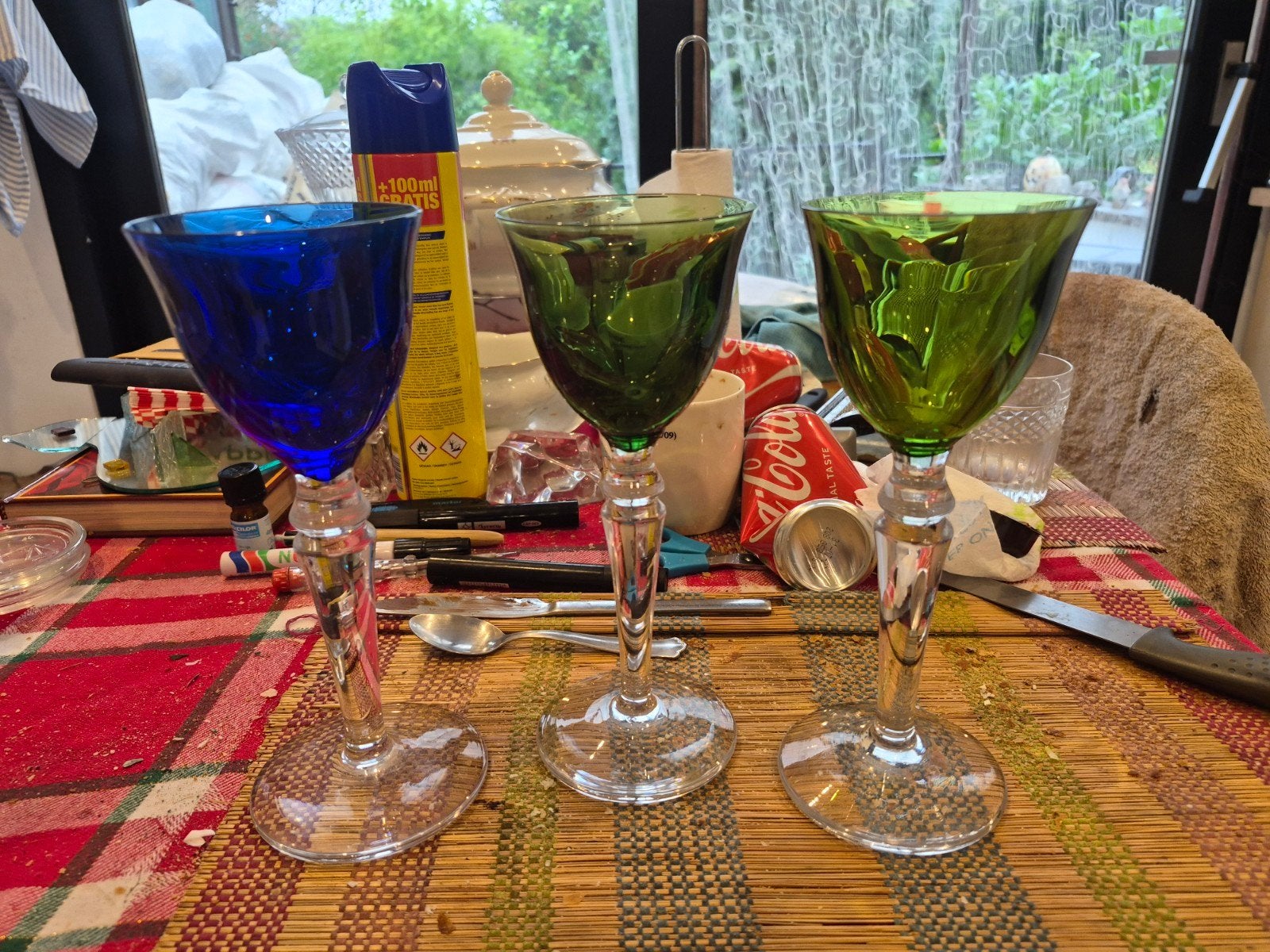Set van 3 Roemer Lined Cut Crystal glazen - blauw, groen, Antiek en Kunst, Ophalen of Verzenden