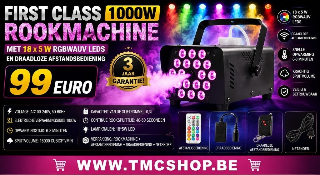 Nieuwe First Class 1000W Rookmachine met 18 x 5 W RGBWAUV, Ophalen of Verzenden, Nieuw, Licht, Geluidgestuurd