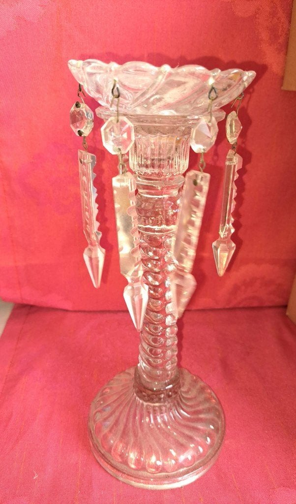 vintage glazen "lustre" kandelaar, met pegels (prisma's), Antiek en Kunst, Ophalen of Verzenden