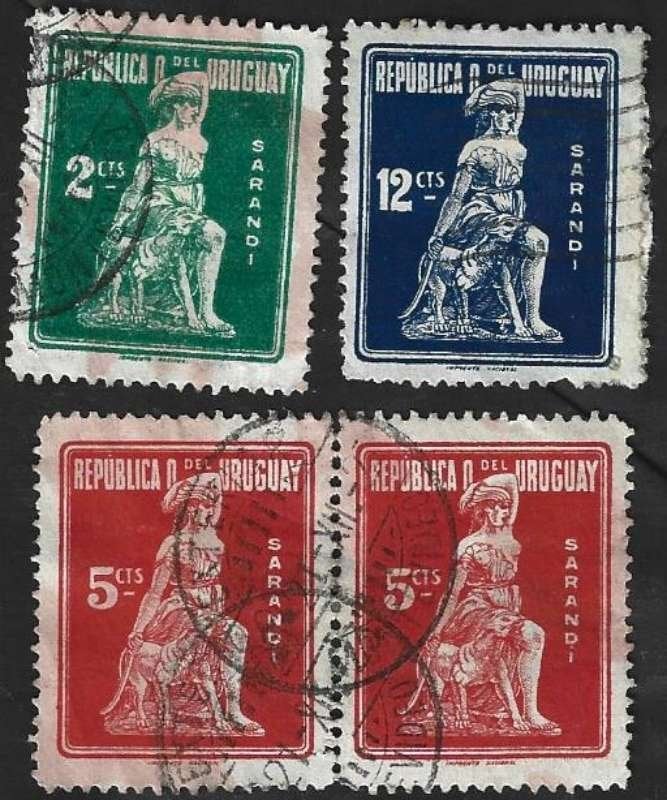3 (4) Postzegels Sarandi monument Uruguay 1923, Enlèvement ou Envoi, Affranchi, Amérique du Sud