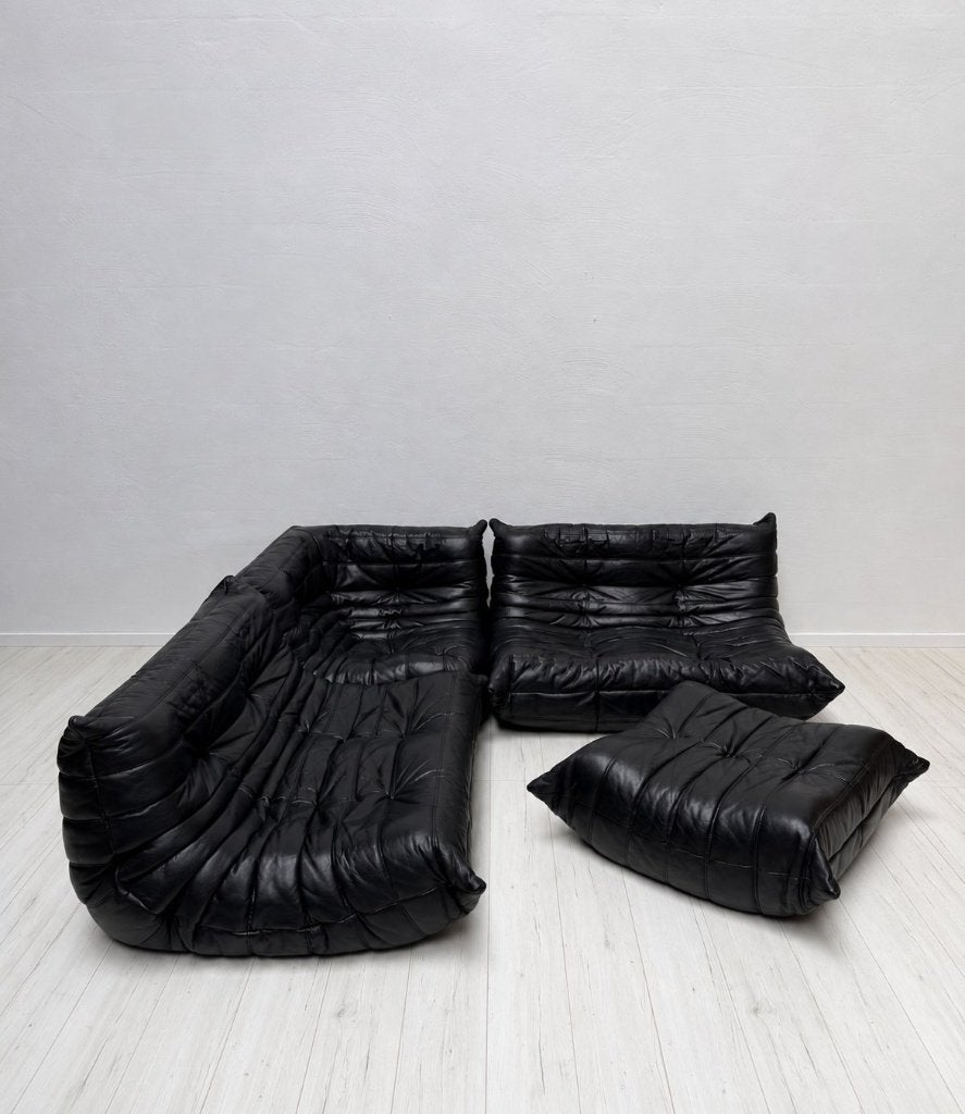 Ensemble Togo Ligne Roset cuir noir Michel Ducaroy vintage, Enlèvement, Utilisé, Cuir, Vintage Mid-Century Design
