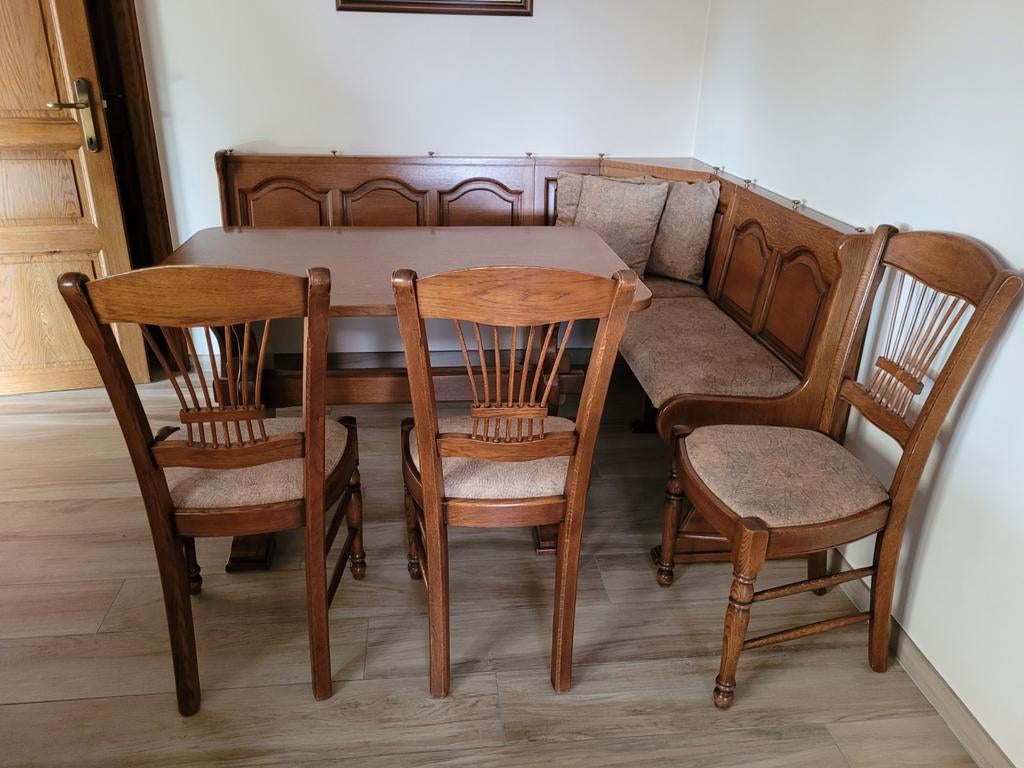 Eiken eettafel met zitbank en 3 stoelen, Huis en Inrichting, Ophalen, Gebruikt, Massief Eikenhout, Minder dan 4 stoelen