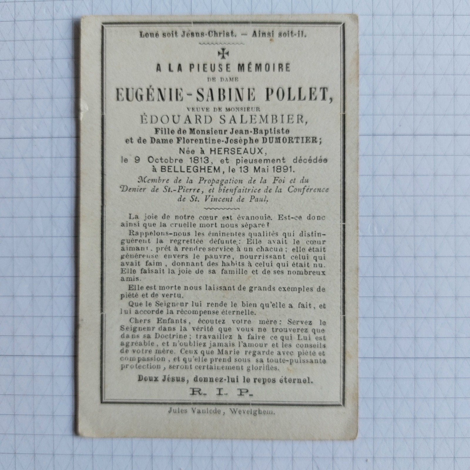 Oud bidprentje Herseaux/Bellegem 1813-1891, Ophalen of Verzenden, Bidprentje