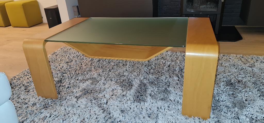 table basse en bois massif avec plateau en verre, 100 à 150 cm, Verre, Enlèvement, Utilisé