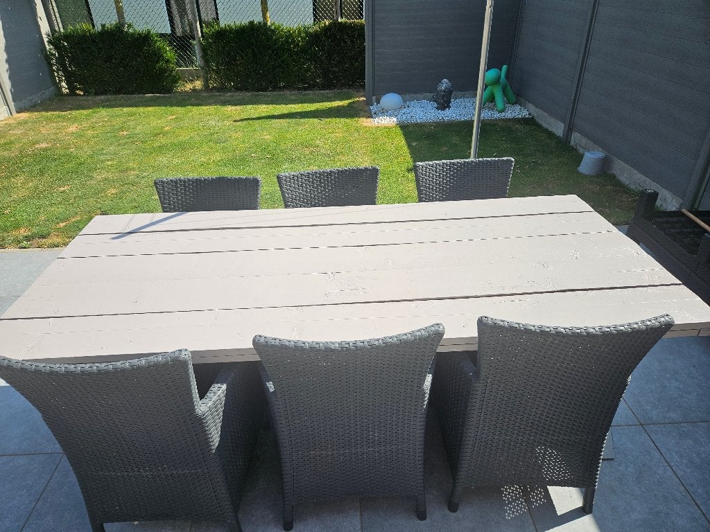 Tuintafel en 5 stoelen, Jardin & Terrasse, Tables de jardin, Enlèvement, Utilisé, Rectangulaire, Bois