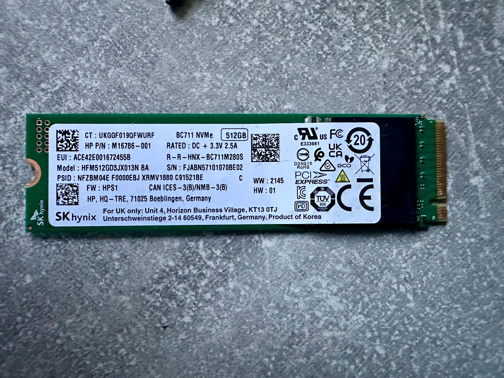 SK hynix BC711 512 GB NVMe M.2 2280 SSD, Enlèvement ou Envoi, Comme neuf, Laptop, SSD