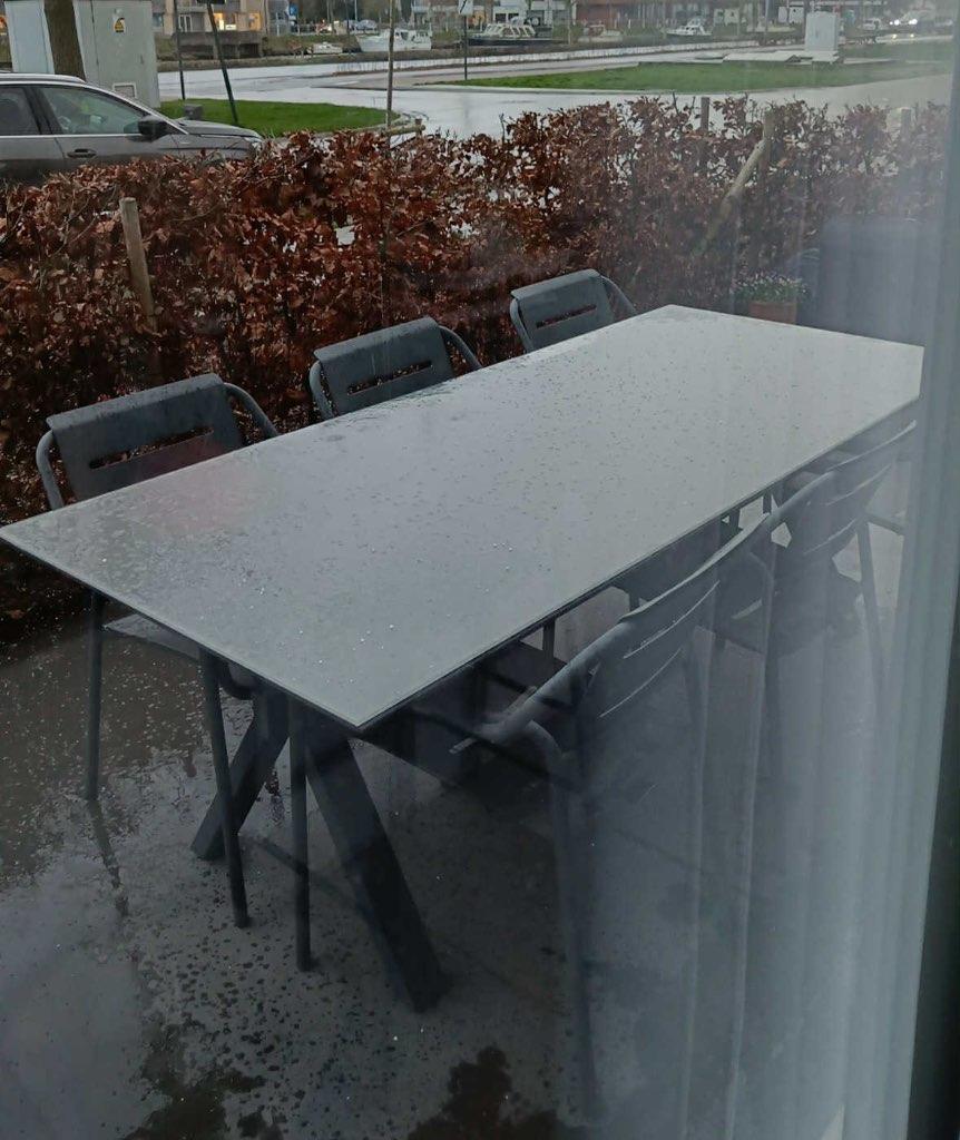 Tuinset staal en glazen blad, Tuin en Terras, Ophalen, Gebruikt, Aluminium, 8 zitplaatsen