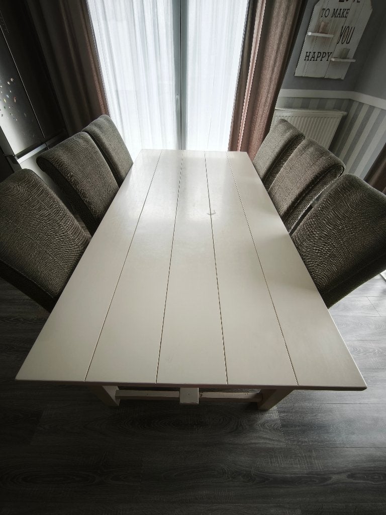 Houten eettafel en 6 stoelen, Ophalen, Gebruikt, 50 tot 100 cm, Vijf personen of meer