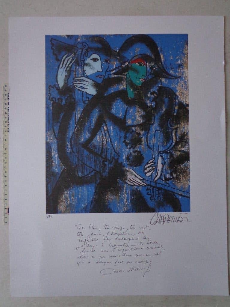 kleurrijke zeefdruk van José Chapellier "Twee personages", Antiquités & Art, Signé, Enlèvement ou Envoi, Portraits et figures