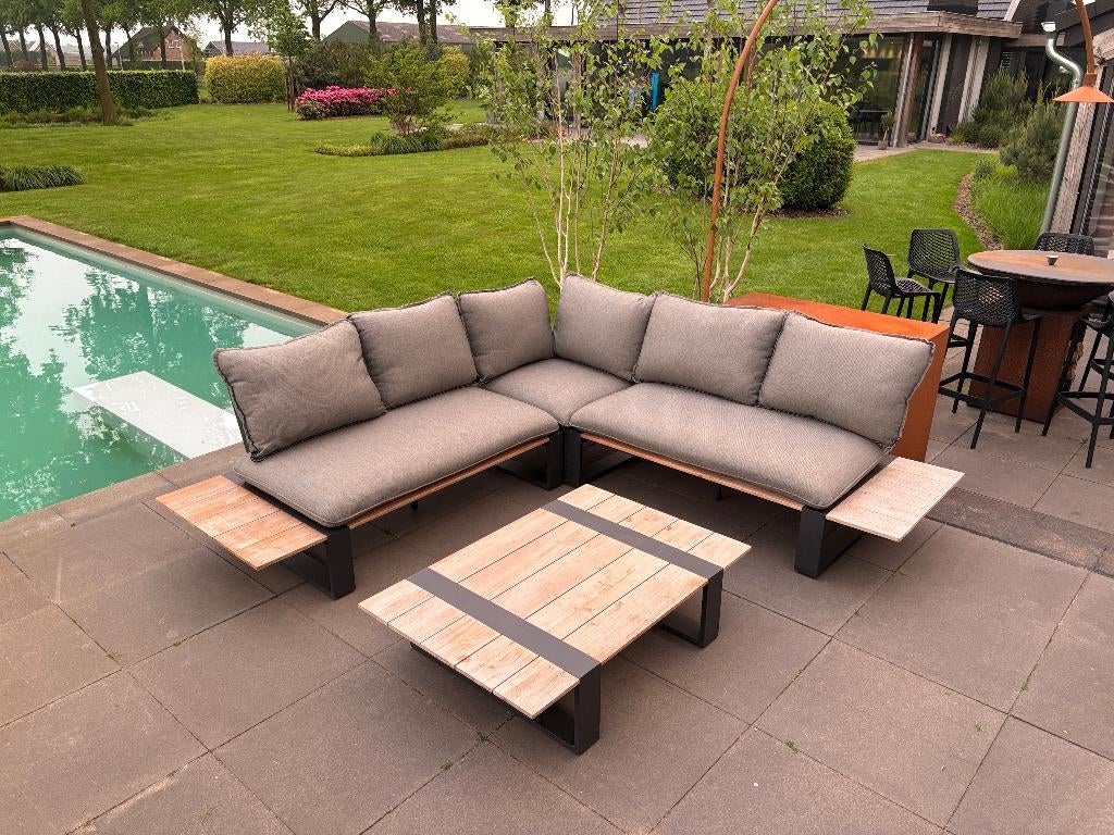 Hoek loungeset - Tierra Outdoor - All weather kussens grijs., Ophalen, 5 zitplaatsen, Gebruikt, Bank