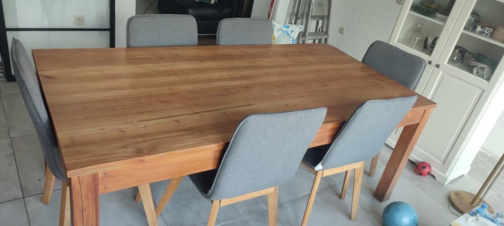 massief houten eettafel met 6 stoelen, Huis en Inrichting, Tafels | Eettafels, Gebruikt, Teakhout, 200 cm of meer, 50 tot 100 cm