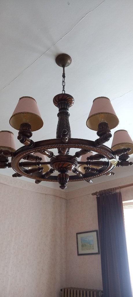 Houten scheepsstuur-luchter — stuurwiel kroonluchter in eik, Huis en Inrichting, Lampen | Kroonluchters, Hout, Ophalen