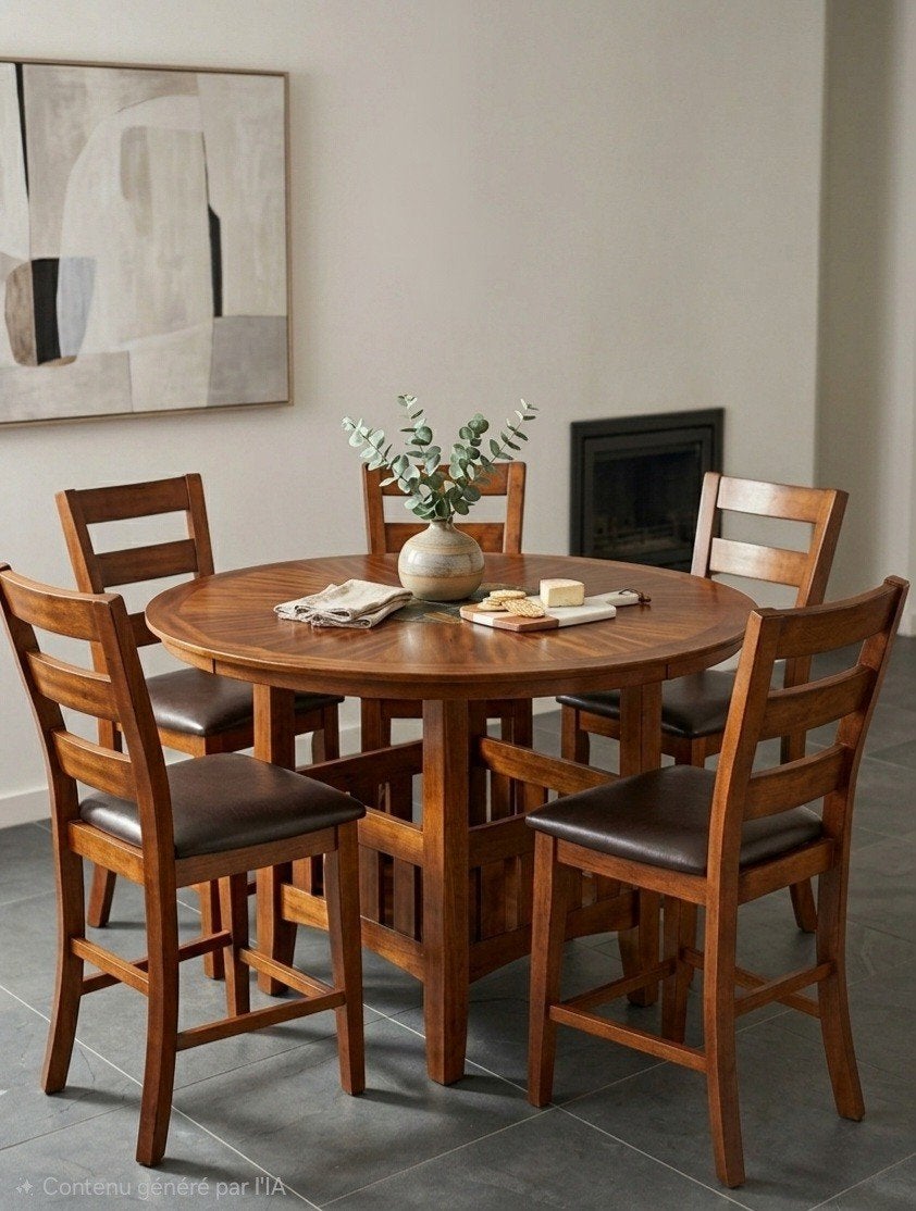 Table Haute Ronde (Plateau Tournant) + 6 Chaises en Bois & C, Maison & Meubles, Enlèvement