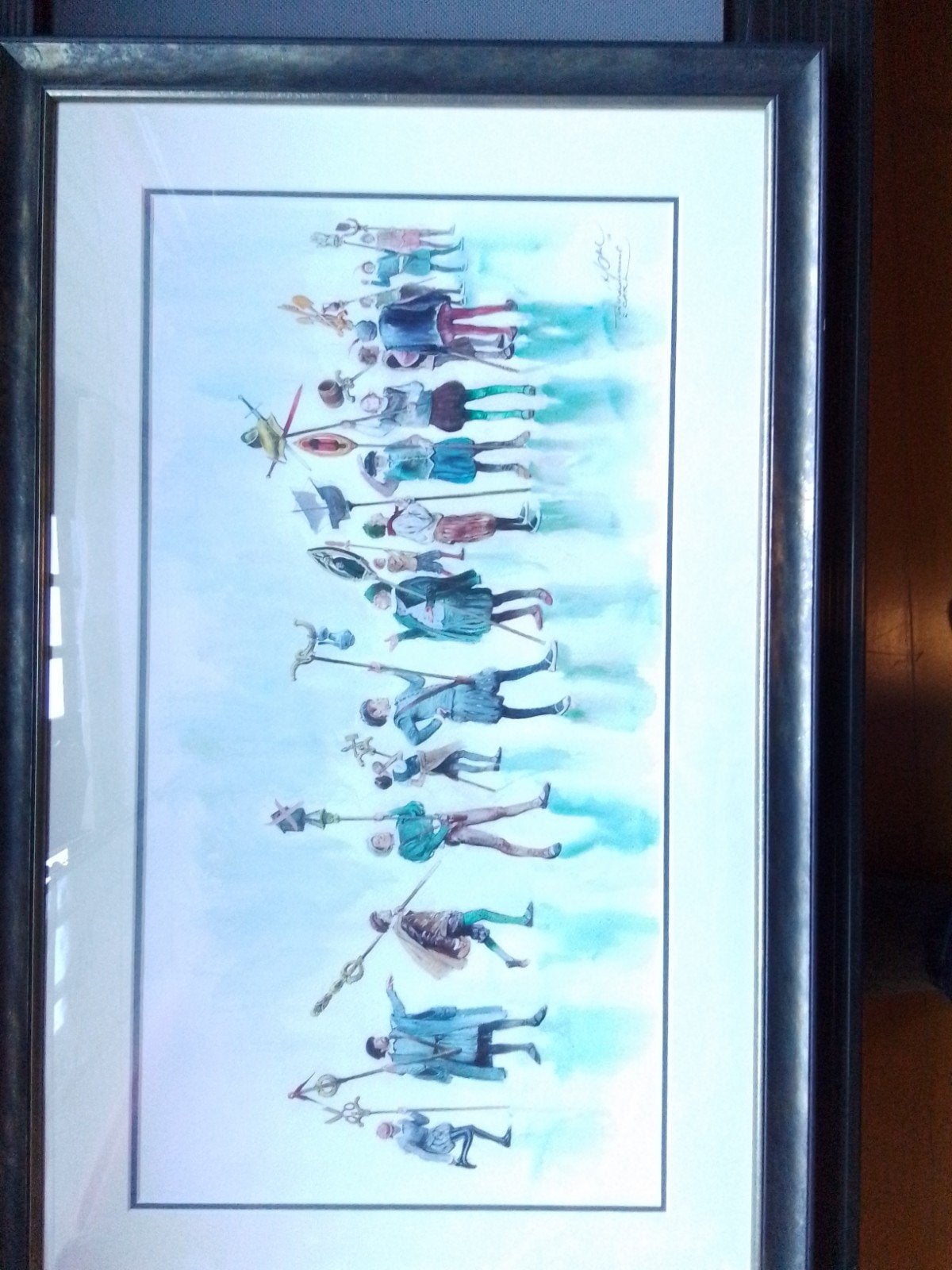 Aquarelle avec personnages de l'Ommegang de René FOLLET, Enlèvement ou Envoi