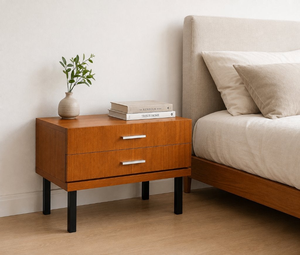 Prachtige set vintage teakhouten nachtkastjes, Huis en Inrichting, Ophalen, Zo goed als nieuw