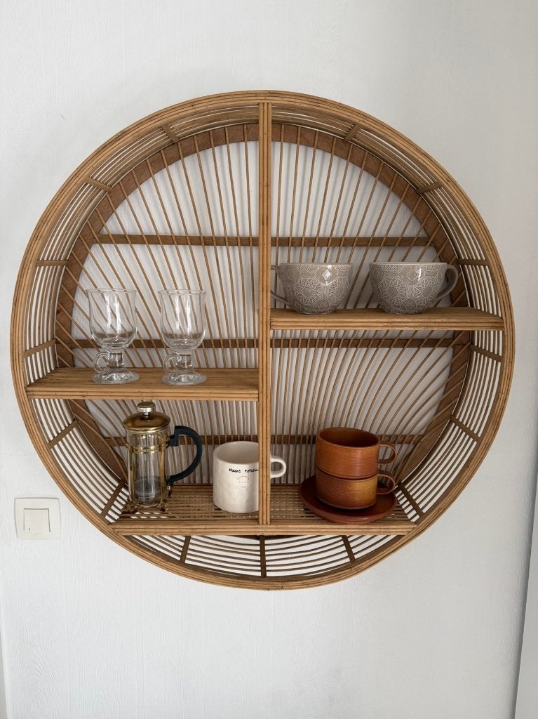 Ronde rotan wandetagère met open vakken – naturel, Ophalen, Gebruikt, Overige materialen, Met plank(en)