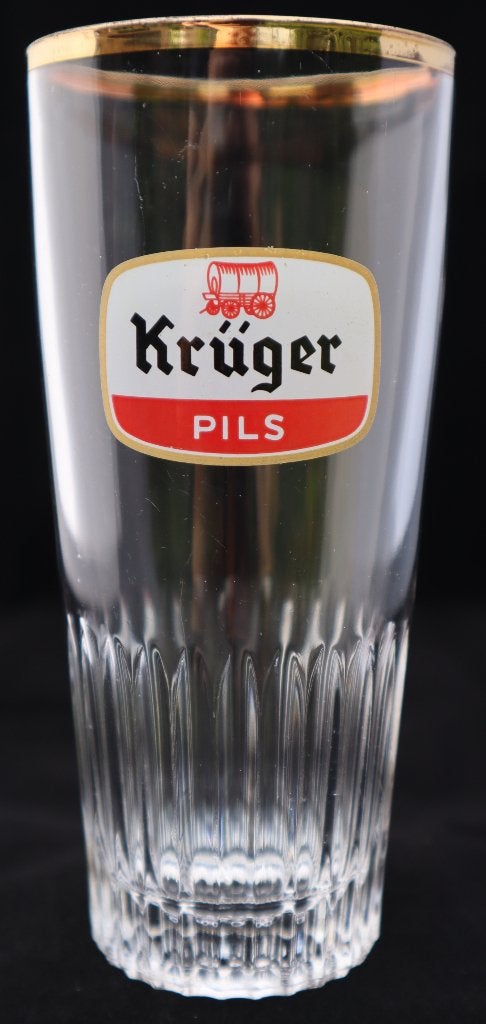Zeldzaam vintage Krüger Pils bierglas met gouden rand, Verzamelen, Biermerken, Ophalen, Zo goed als nieuw, Glas of Glazen, Overige merken