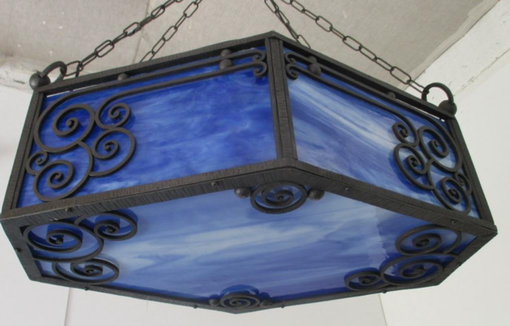 lustre art déco en fer forgé E. Brandt avec verre américain, Antiquités & Art, Enlèvement