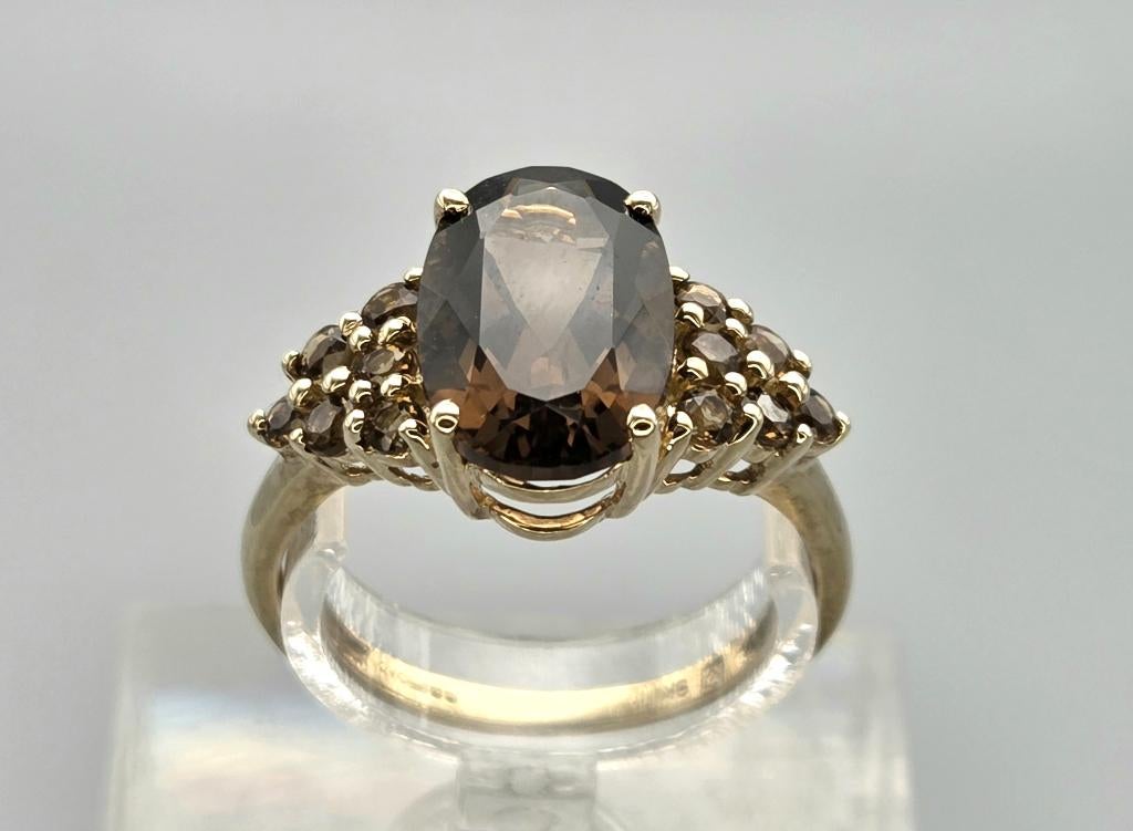 Gouden Vintage ring edelsteen citrien en rooktopaas.2025/852, Bijoux, Sacs & Beauté, Bagues, Comme neuf, Femme, 17 à 18, Jaune