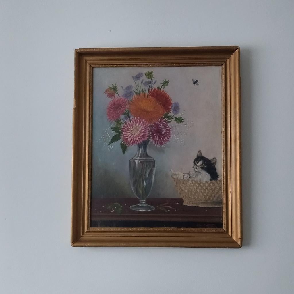 Ancienne peinture sur panneau.chaton au bouquet de fleurs, Enlèvement ou Envoi, Comme neuf, Peinture